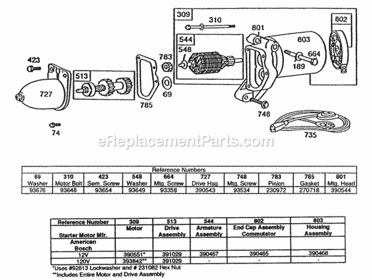 Electric Starter Diagram and Parts List for  Briggs and Stratton Engine
